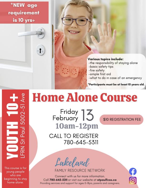 Lakeland Family Resource Network event poster for Home Alone Course in St. Paul, Alberta, on February 13, 2026