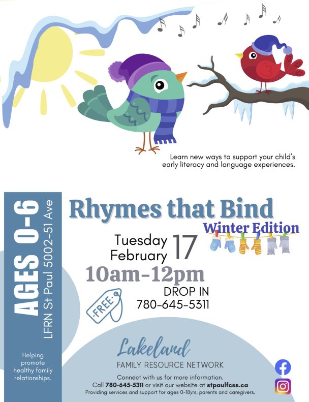 Lakeland Family Resource Network event poster for Rhymes that Bind in St. Paul, Alberta on February 17, 2026