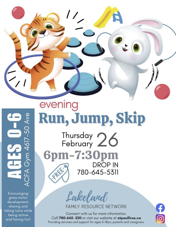 Lakeland Family Resource Network event poster for Evening Run, Jump, Skip in St. Paul, Alberta on February 26, 2026