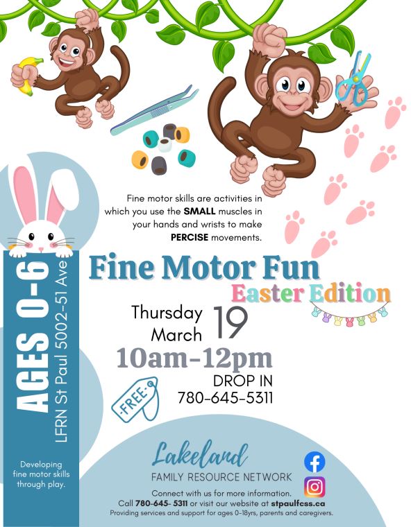 Lakeland Family Resource Network event poster for Fine Motor Fun on March 19, 2026, in St. Paul, Alberta