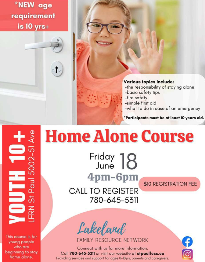Lakeland Family Resource Network event poster for Home Alone Course in St. Paul, Alberta, on June 19, 2026
