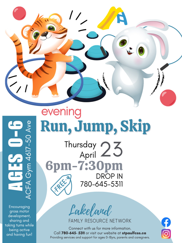 Lakeland Family Resource Network event poster for Evening Run, Jump, Skip in St. Paul, Alberta, on April 23, 2026