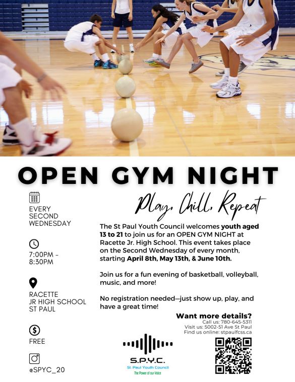 St. Paul Youth Council event poster for Open Gym Night on April 8, May 13, and June 10, 2026