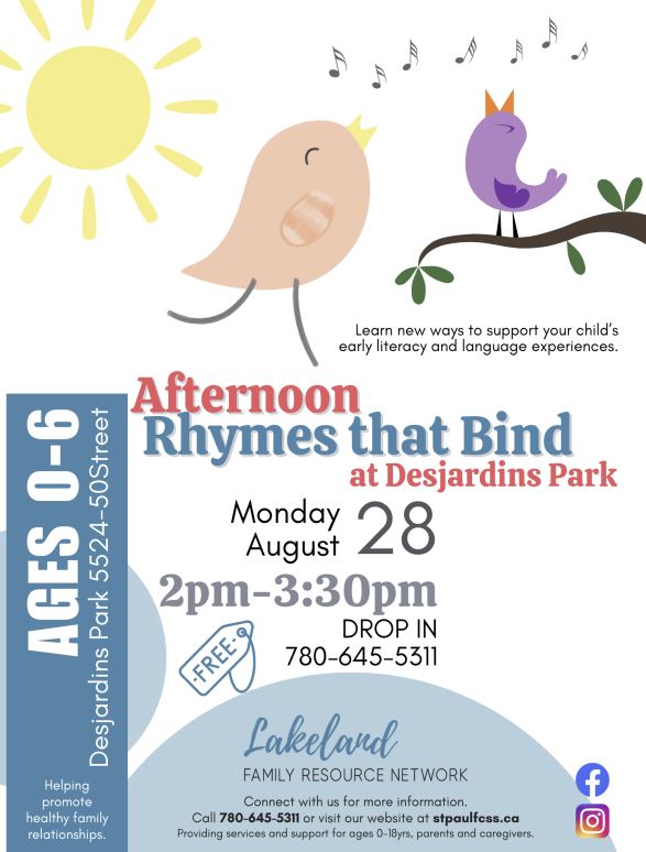 LFRN-Events-Rhymes that Bind 20250828 Lakeland Family Resource Network event poster for Rhymes that Bind in St. Paul, Alberta, on August 28, 2025