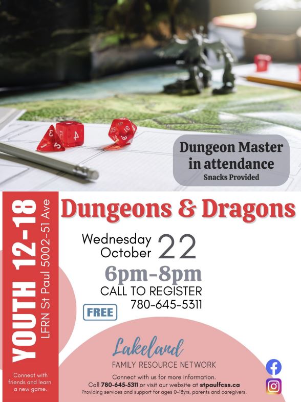 LFRN-Events-Dungeons & Dragons 20251022 Lakeland Family Resource Network event poster for Dungeons & Dragons on October 22, 2025, in St. Paul, Alberta