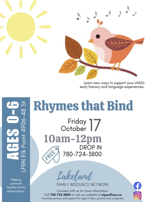LFRN-Events-Rhymes that Bind 20251017 Lakeland Family Resource Network event poster for Rhymes that Bind in Elk Point, Alberta, on October 17, 2025