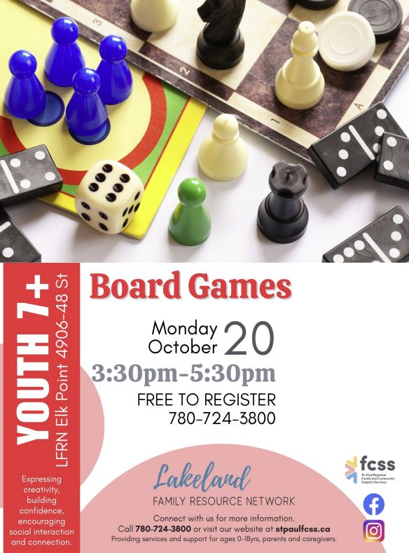 Lakeland Family Resource Network event poster for Board Games Play on October 20, 2025, in Elk Point, Alberta