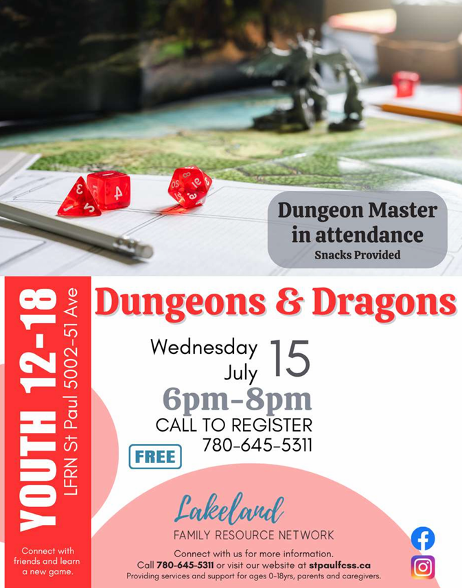 Lakeland Family Resource Network event poster for Dungeons & Dragons in St. Paul, Alberta, on July 15, 2026