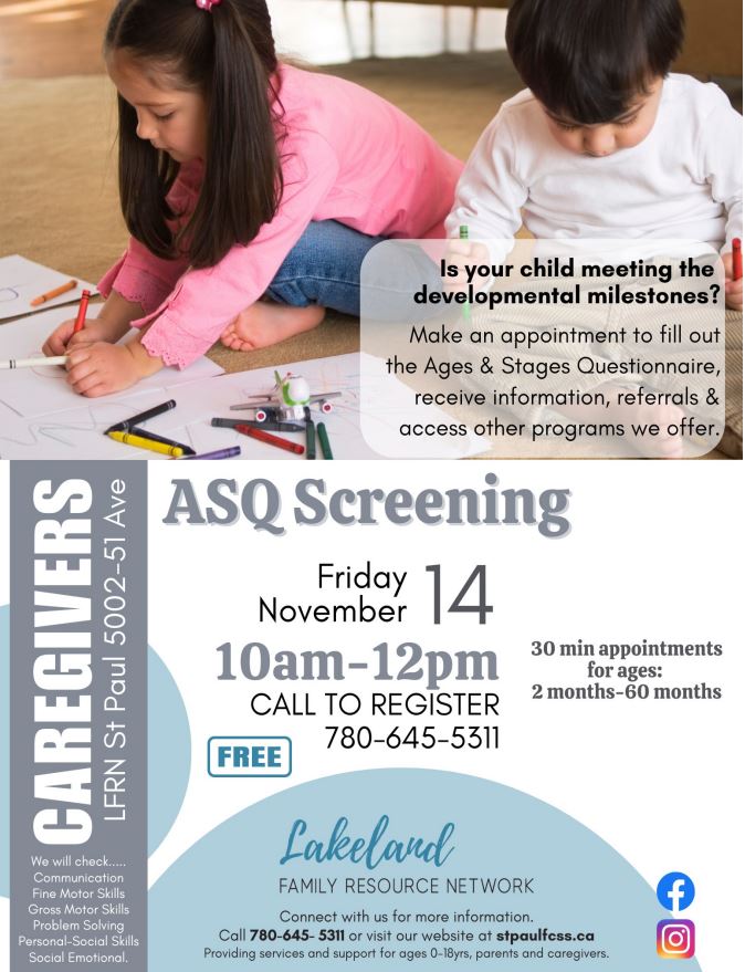 Lakeland Family Resource Network event poster for ASQ Screening on November 14, 2025, in St. Paul, Alberta