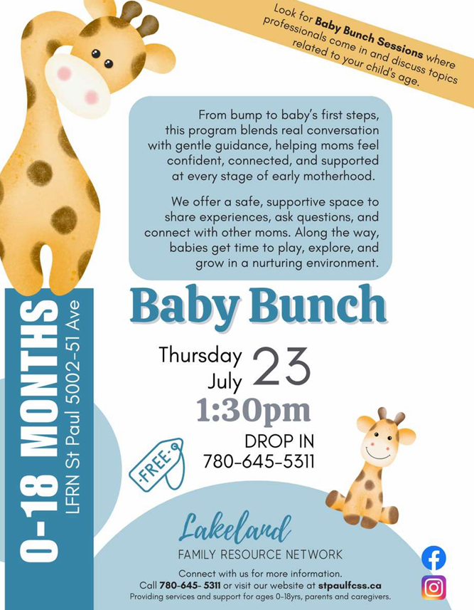 Lakeland Family Resource Network event poster for Baby Bunch in St. Paul, Alberta, on July 23, 2026
