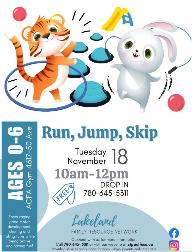 Lakeland Family Resource Network event poster for Run, Jump, Skip on November 18, 2025, in St. Paul, Alberta