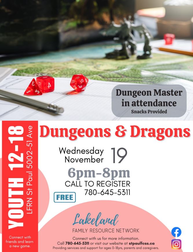 Lakeland Family Resource Network event poster for Dungeons & Dragons on November 19, 2025, in St. Paul, Alberta