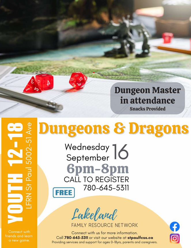 Lakeland Family Resource Network event poster for Dungeons & Dragons in St. Paul, Alberta, on September 16, 2026