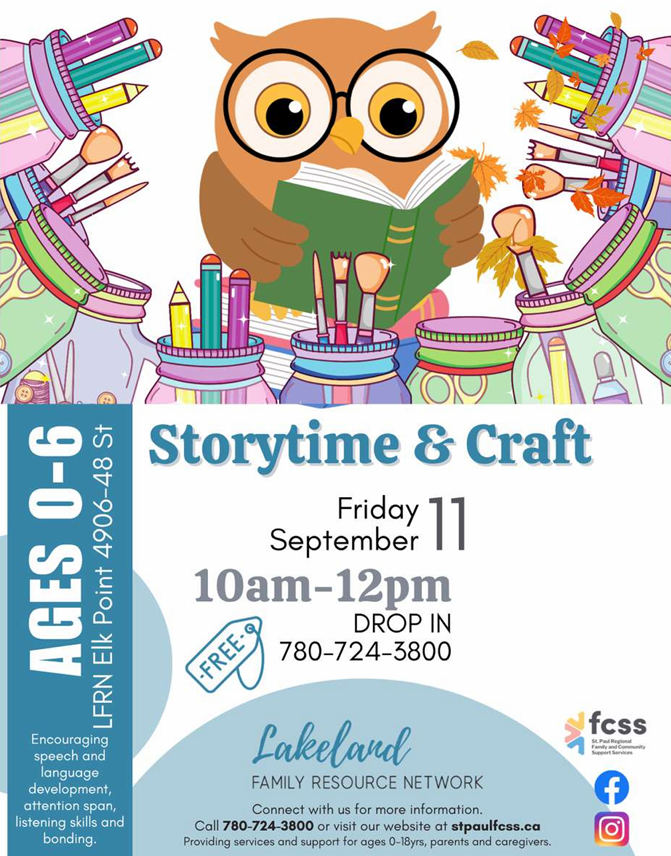 Lakeland Family Resource Network event poster for Storytime & Craft on September 11, 2026, in Elk Point, Alberta