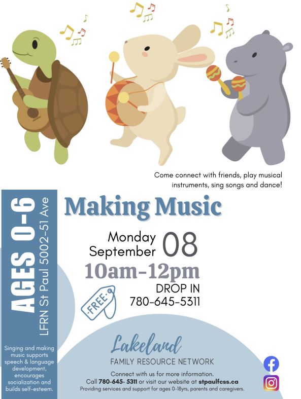 LFRN-Events-Making Music 20250908 Lakeland Family Resource Network event poster for Making Music in St. Paul, Alberta on September 8, 2025