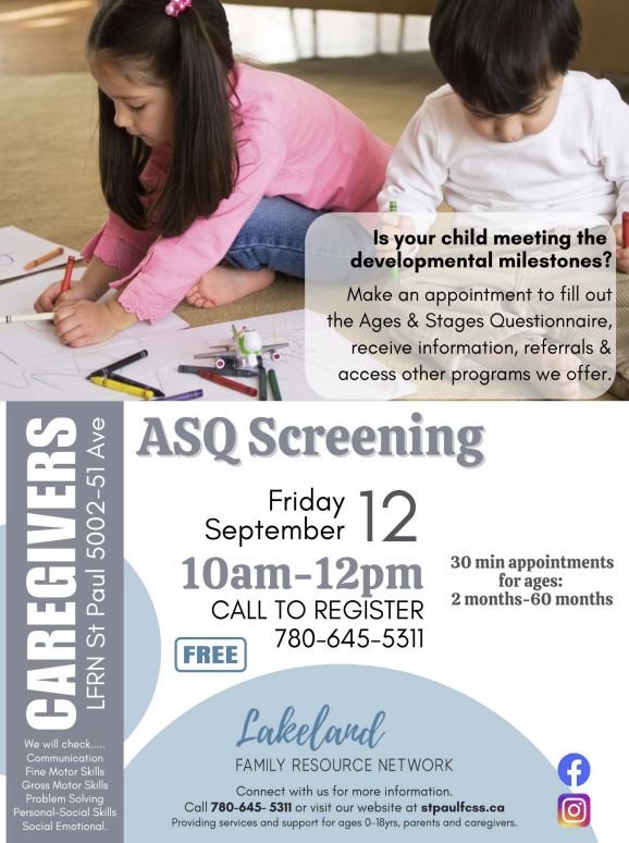 LFRN-Events-ASQ Screening St. Paul 20250912 Lakeland Family Resource Network event poster for ASQ Screening in St. Paul, Alberta, on September 12, 2025