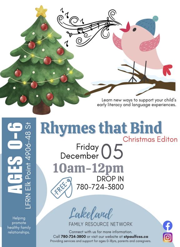 Lakeland Family Resource Network event poster for Rhymes that Bind in Elk Point, Alberta, on December 5, 2025