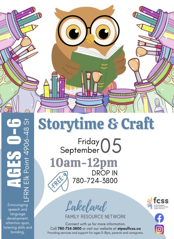 Lakeland Family Resource Network event poster for Storytime & Craft in Elk Point, Alberta, on September 5, 2025