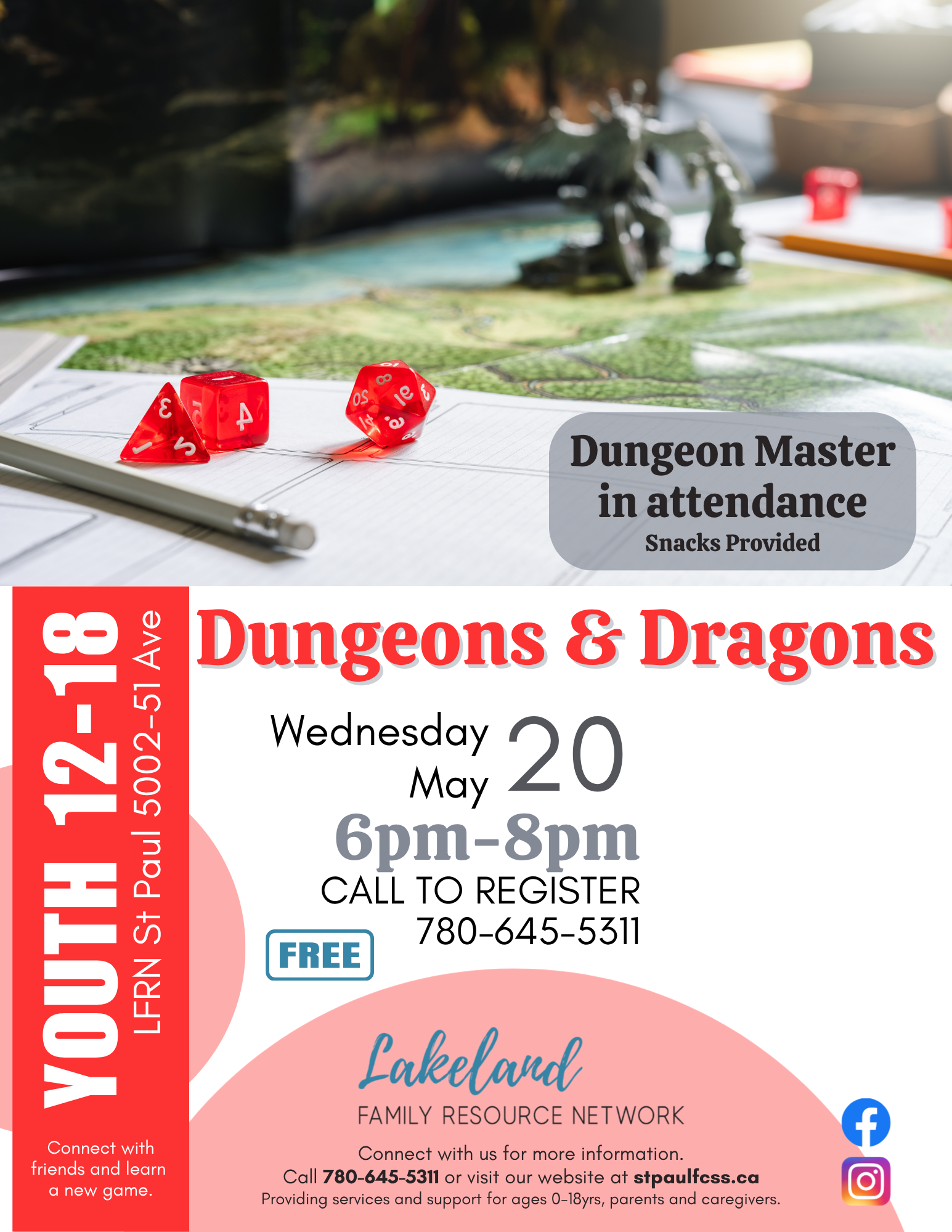 Lakeland Family Resource Network event poster for Dungeons & Dragons in St. Paul, Alberta, on May 20, 2026