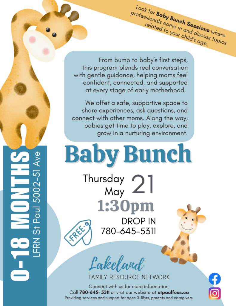Lakeland Family Resource Network event poster for Baby Bunch in St. Paul, Alberta, on May 21, 2026