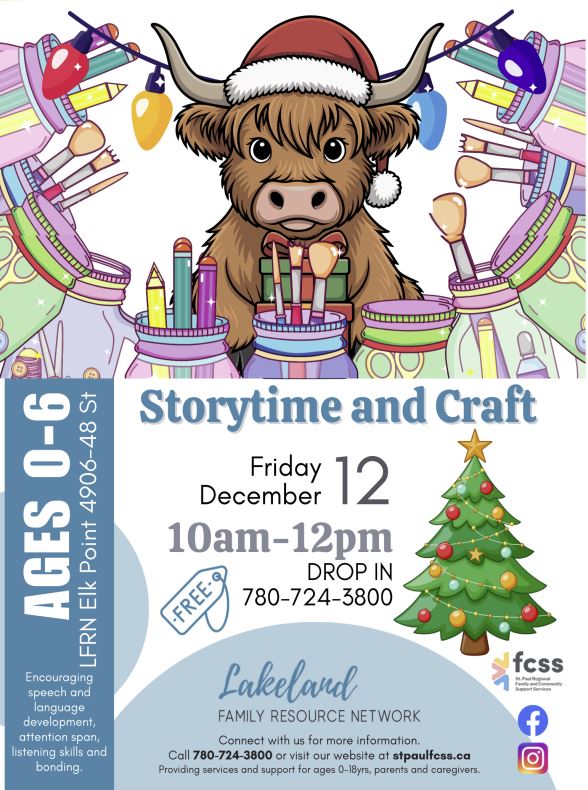 Lakeland Family Resource Network event poster for Storytime & Craft in Elk Point, Alberta, on December 12, 2025