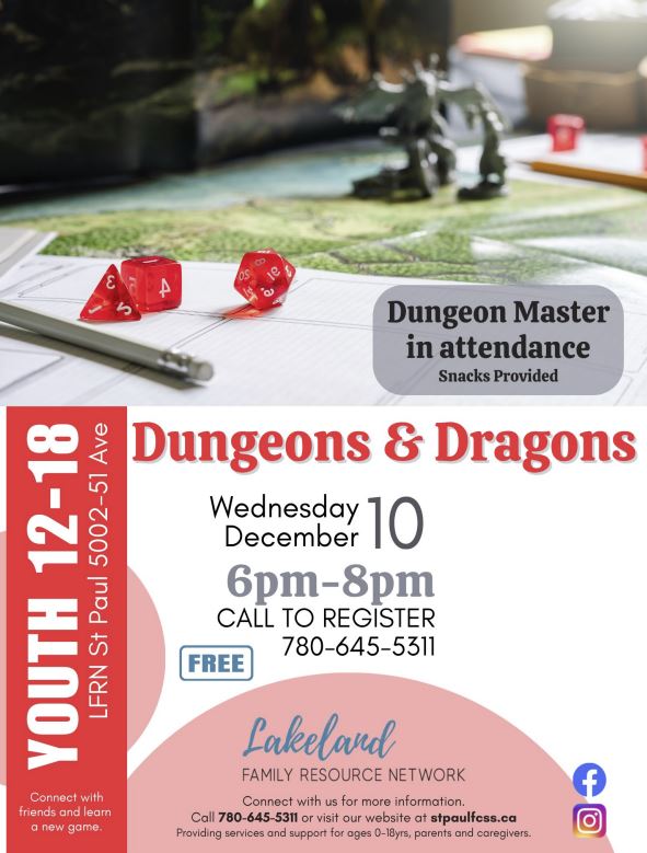 Lakeland Family Resource Network event poster for Dungeons & Dragons in December 10, 2025, in St. Paul, Alberta