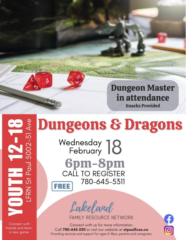 Lakeland Family Resource Network event poster for Dungeons & Dragons in St. Paul, Alberta on February 18, 2026