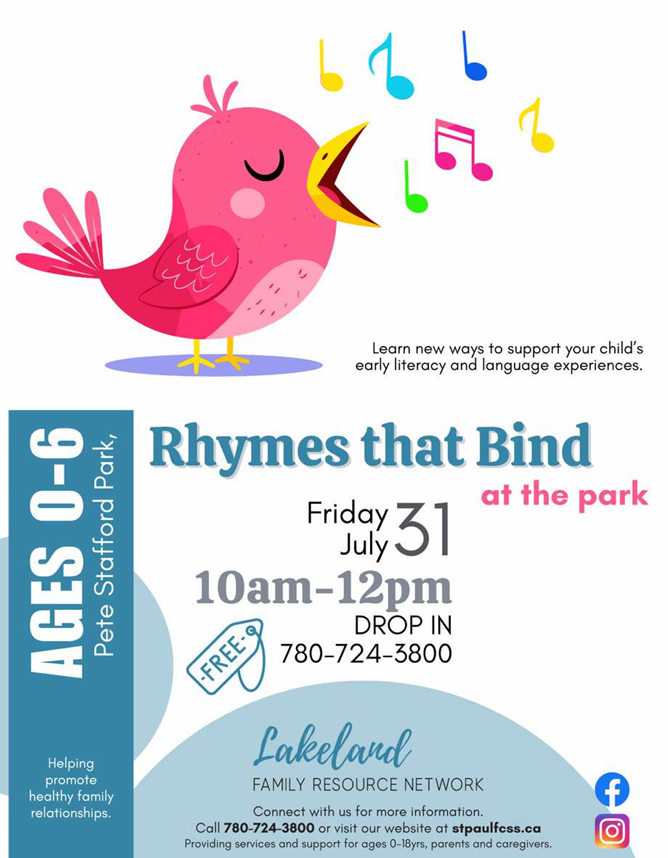 Lakeland Family Resource Network event poster for Rhymes that Bind in Elk Point, Alberta, on July 31, 2026