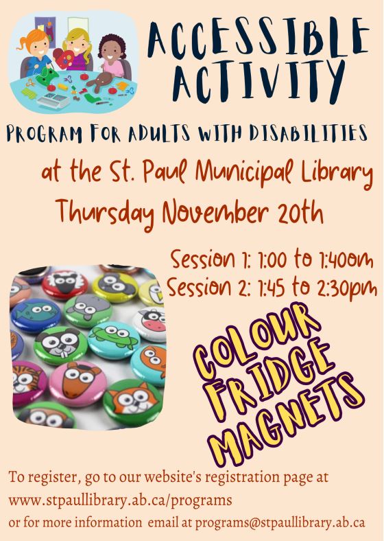 St. Paul Municipal Library event poster for Accessible Activity for Adults on November 20, 2025