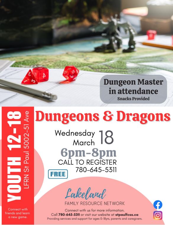 Lakeland Family Resource Network event poster for Dungeons & Dragons on March 18, 2026, in St. Paul, Alberta
