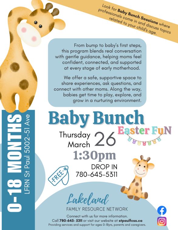 Lakeland Family Resource Network event poster for Baby Bunch on March 26, 2026, in St. Paul, Alberta