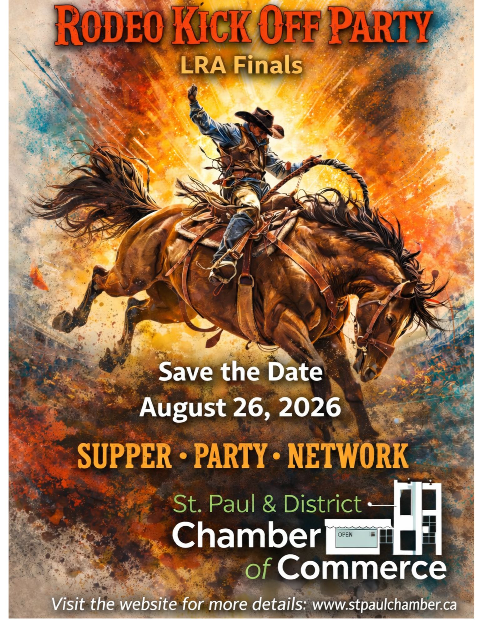 St. Paul Chamber & District event poster for the Rodeo Kick-Off Party on August 26, 2026