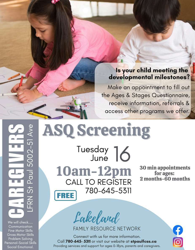 Lakeland Family Resource Network event poster for ASQ Screening in St. Paul, Alberta, on June 16, 2026