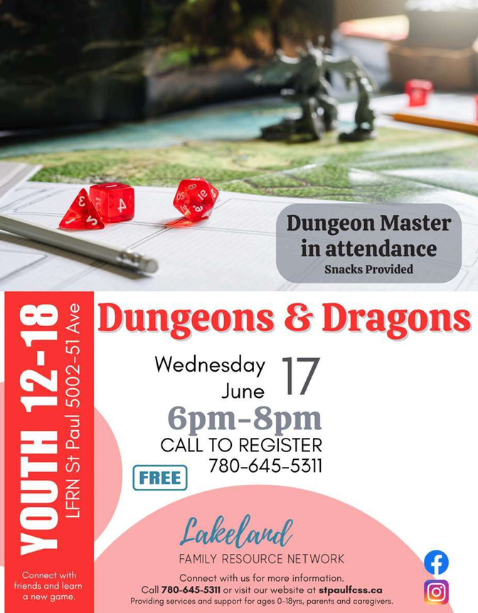 Lakeland Family Resource Network event poster for Dungeons & Dragons in St Paul, Alberta, on June 17, 2026