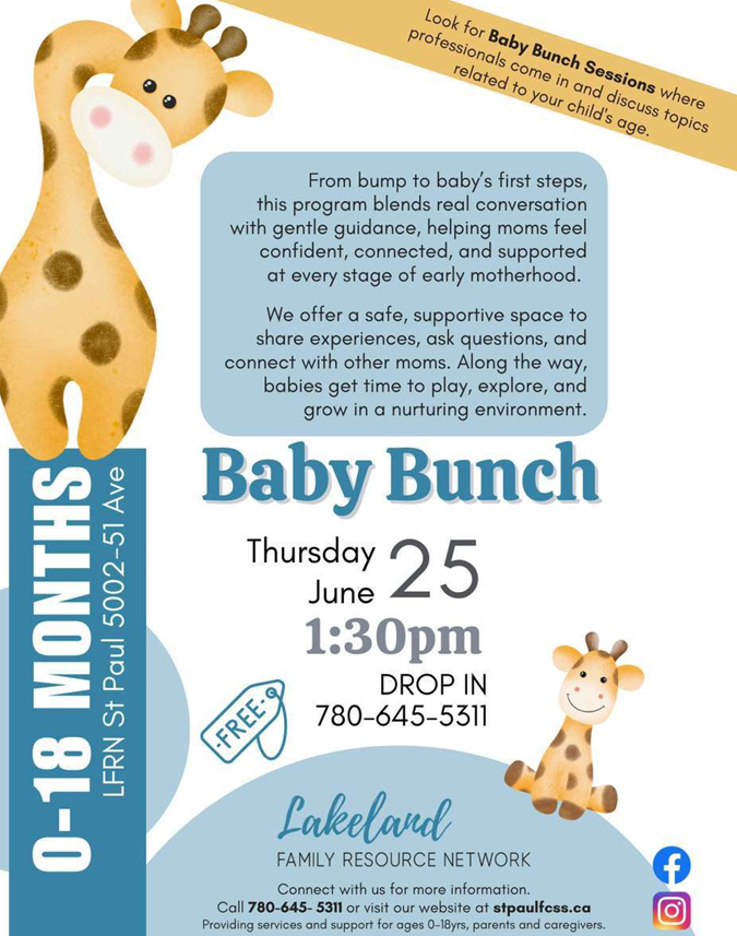 Lakeland Family Resource Network event poster for Baby Bunch on June 25, 2026, in St. Paul, Alberta