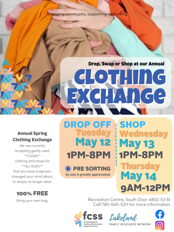 St. Paul Regional FCSS event poster for Spring Clothing Exchange from May 12-14, 2026