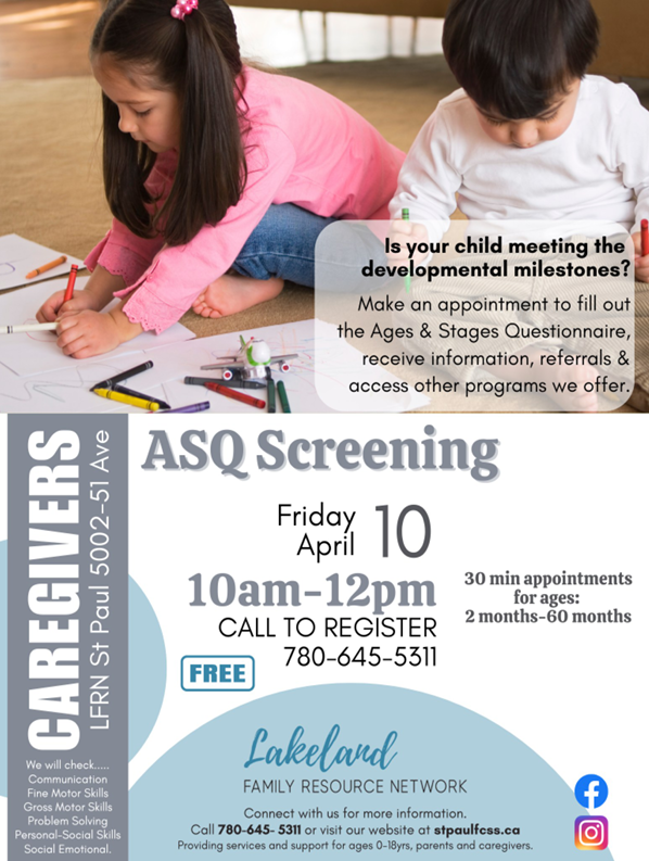 Lakeland Family Resource Network event poster for ASQ Screening in St. Paul, Alberta, on April 10, 2026