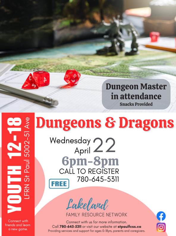 Lakeland Family Resource Network event poster for Dungeons & Dragons in St. Paul, Alberta, on April 22, 2026