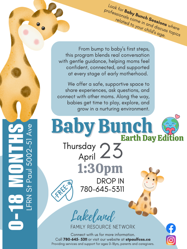Lakeland Family Resource Network event poster for Baby Bunch in St. Paul, Alberta, on April 23, 2026