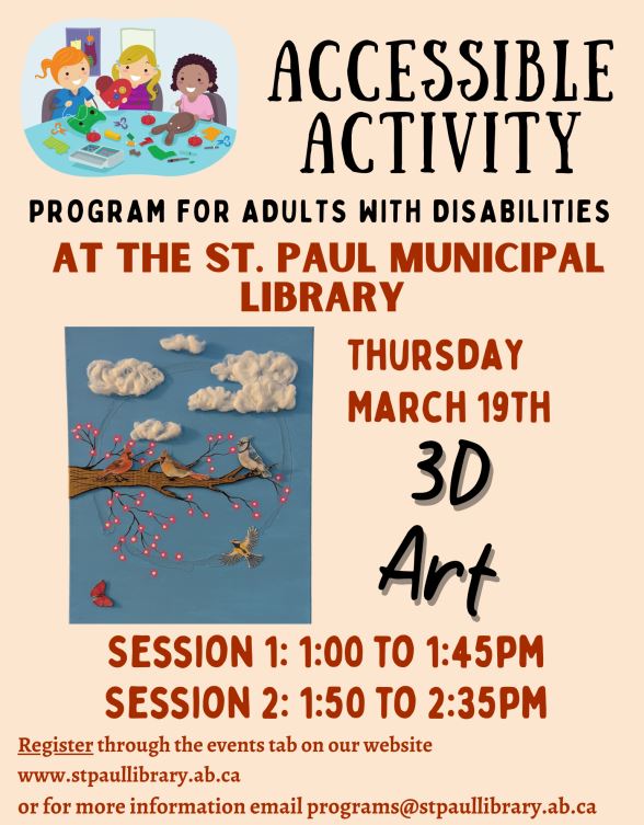 St. Paul Municipal Library event poster for Accessible Adult Activity on March 19, 2026