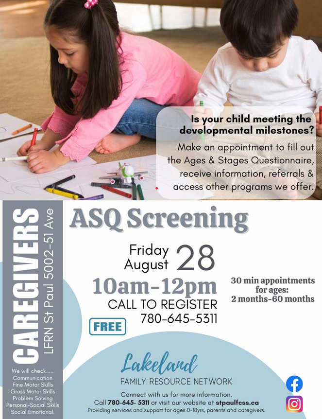 Lakeland Family Resource Network event poster for ASQ Screening on August 28, 2026, in St. Paul, Alberta