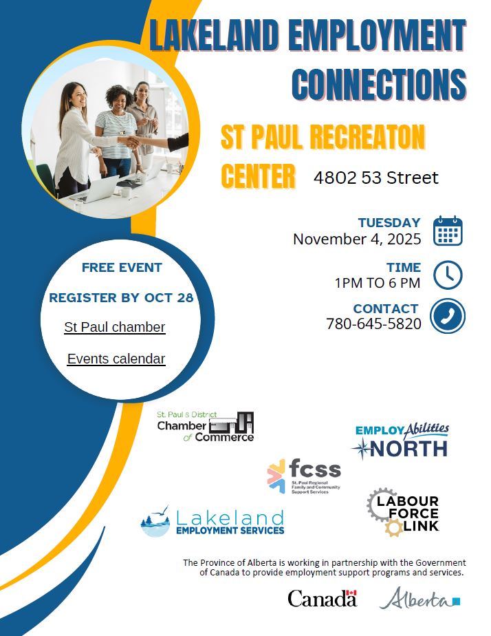 Lakeland Employment Connections event poster for the Regional Job Fair on November 4, 2025, in St. Paul, Alberta