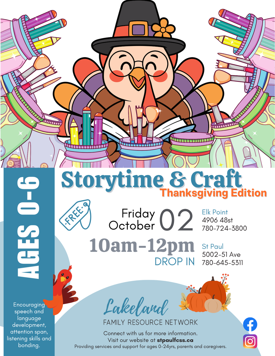 Lakeland Family Resource Network event poster for Storytime & Craft on October 2, 2026, in both St. Paul and Elk Point, Alberta