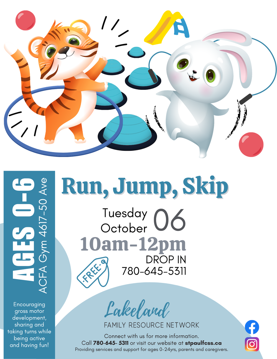 Lakeland Family Resource Network event poster for Run, Jump, Skip in St. Paul, Alberta, on October 6, 2026