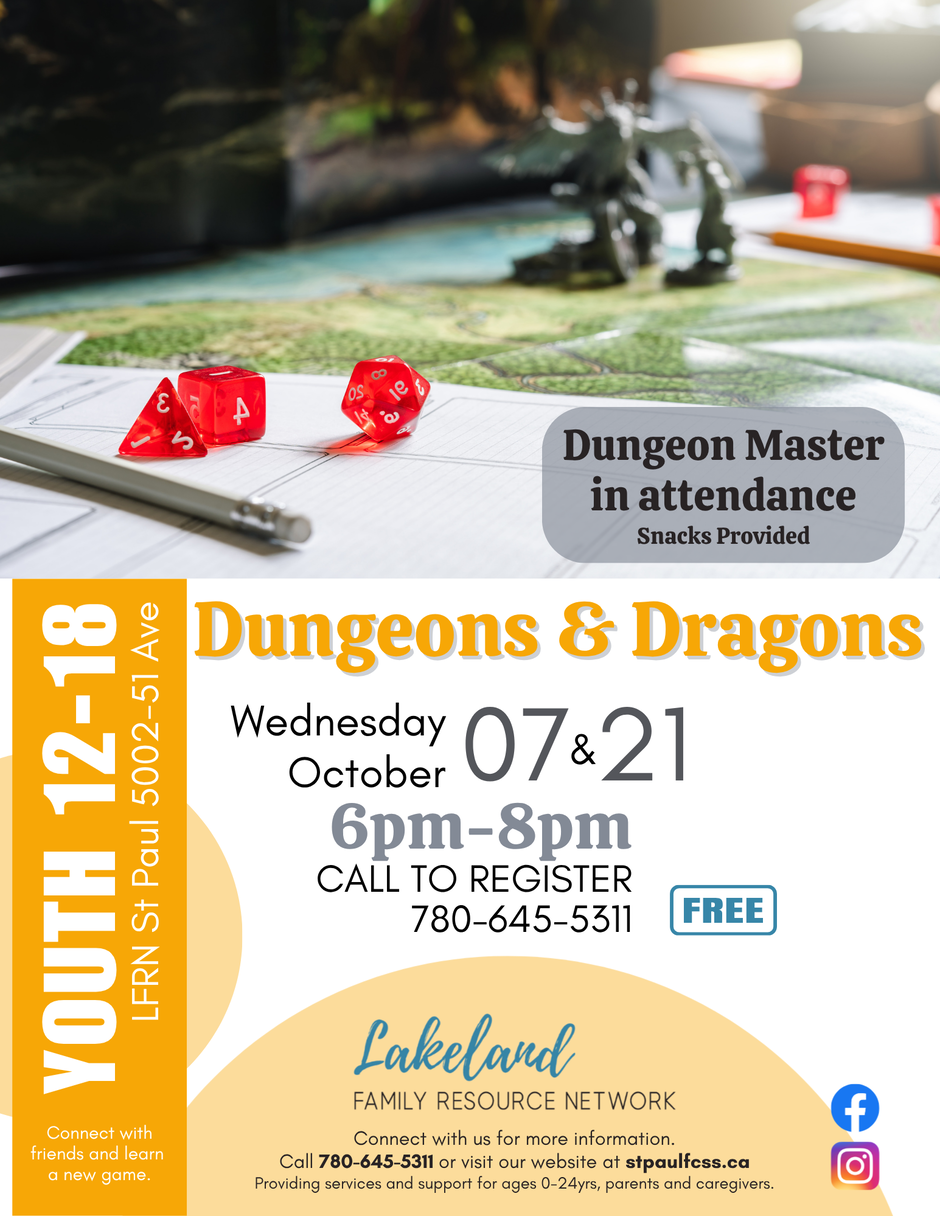 Lakeland Family Resource Network event poster for Dungeons & Dragons on October 7 and 21, 2026, in St. Paul, Alberta