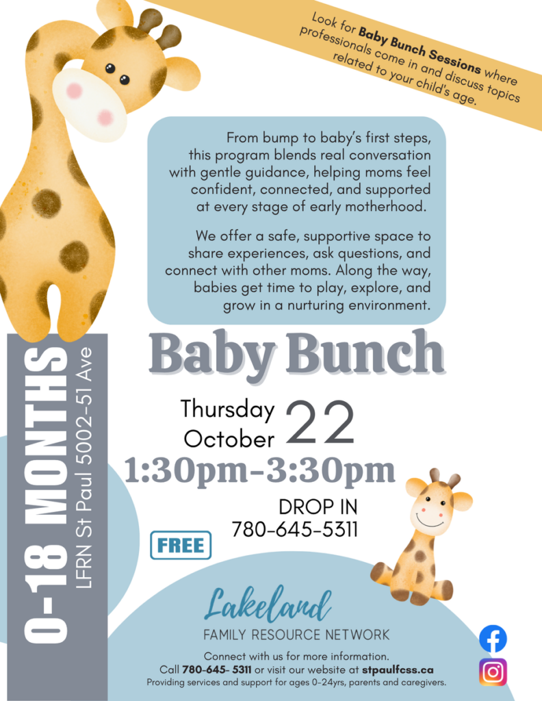 Lakeland Family Resource Network event poster for Baby Bunch on October 22, 2026, in St. Paul, Alberta