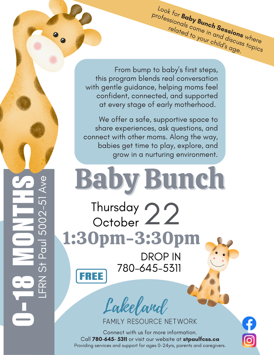 Lakeland Family Resource Network event poster for Baby Bunch on October 22, 2026, in St. Paul, Alberta