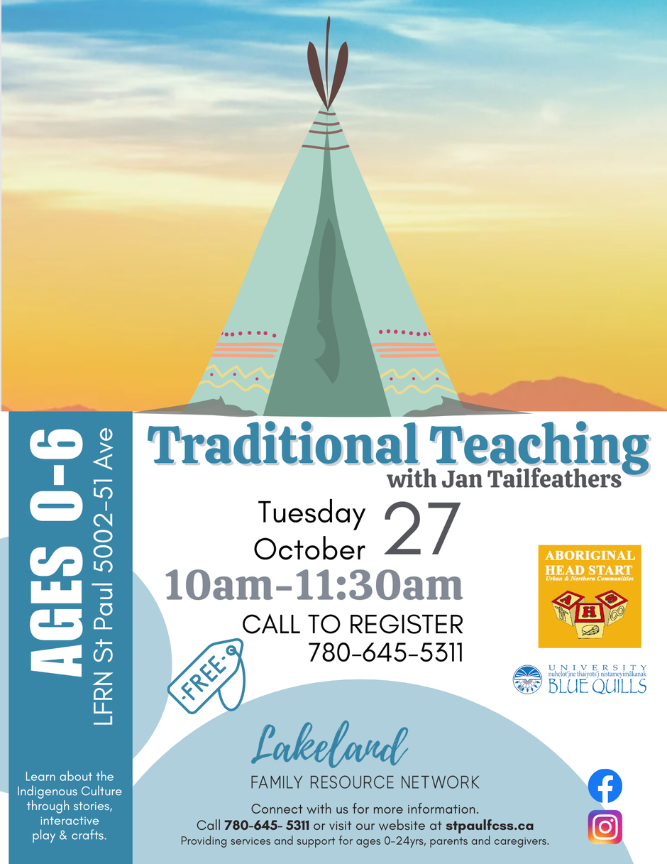 Lakeland Family Resource Network event poster for Traditional Teachings on October 27, 2026, in St. Paul, Alberta