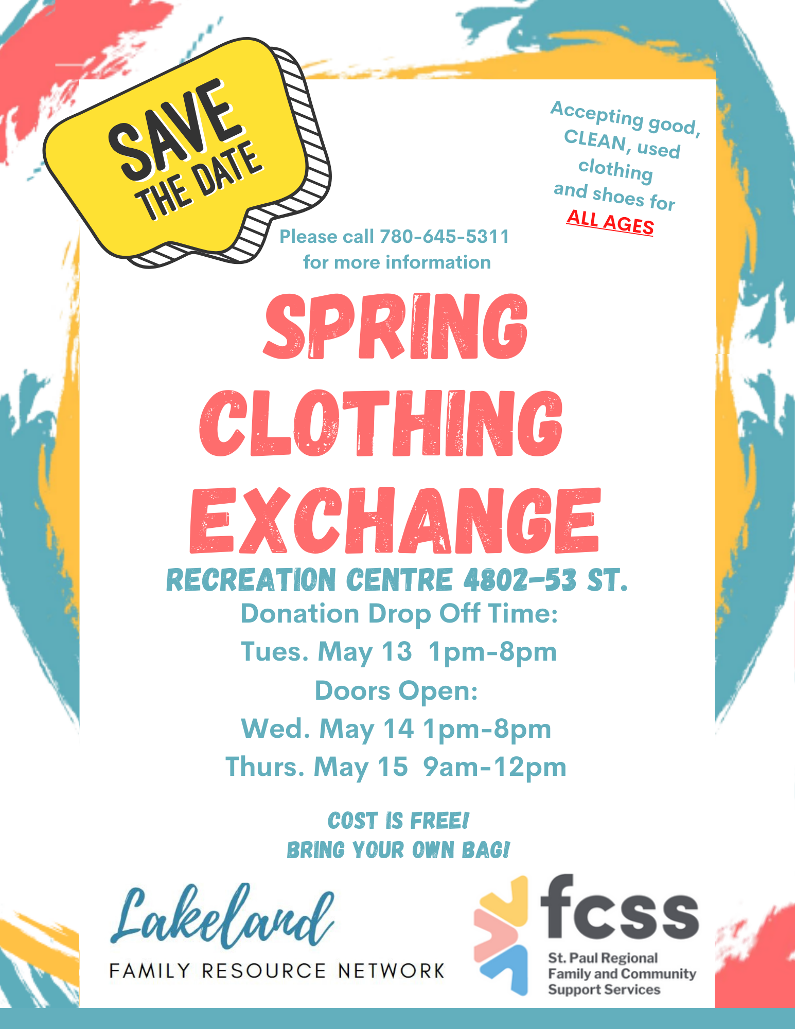 St. Paul Regional FCSS event poster for the 2025 Spring Clothing Exchange from May 13-15