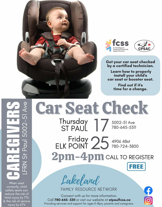 Lakeland Family Resource Network event poster for Car Seat Check in St. Paul and Elk Point in September 2026